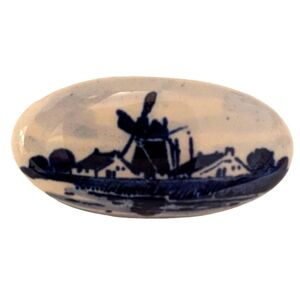 WINDMILL Vintage Porcelain Oval Brooch Navy Blue Delft Netherlands Holland Pin